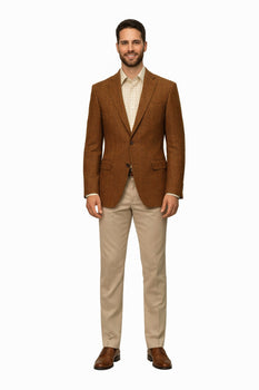 Mens Burnt Orange Harris Tweed Blazer – Classic Wool Check Pattern Formal and Casual Jacket in Brown Rustish Copper Color