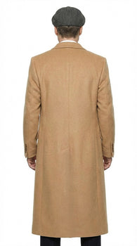 Mens Camel Brown Double Breasted Wool Overcoat + Suit – Peaky Blinders Inspired Vintage Long Trench Coat with Lapel Collar