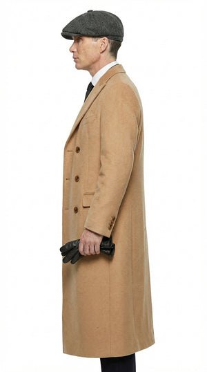 Mens Camel Brown Double Breasted Wool Overcoat + Suit – Peaky Blinders Inspired Vintage Long Trench Coat with Lapel Collar