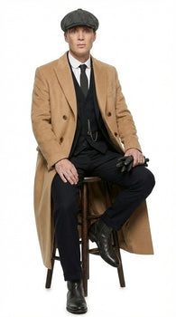 Mens Camel Brown Double Breasted Wool Overcoat + Suit – Peaky Blinders Inspired Vintage Long Trench Coat with Lapel Collar