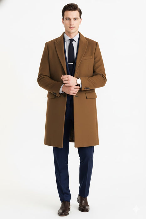 Men’s Camel Brown Wool Overcoat – Classic Long Dress Coat for Business and Casual Wear in Vecuna Color