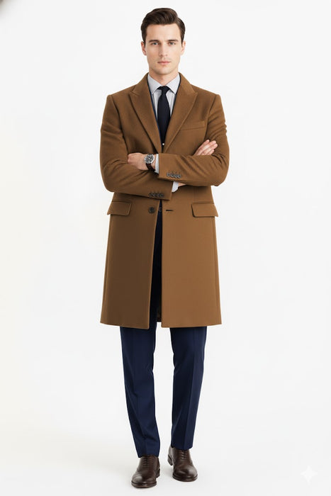 Men’s Camel Brown Wool Overcoat – Classic Long Dress Coat for Business and Casual Wear in Vecuna Color