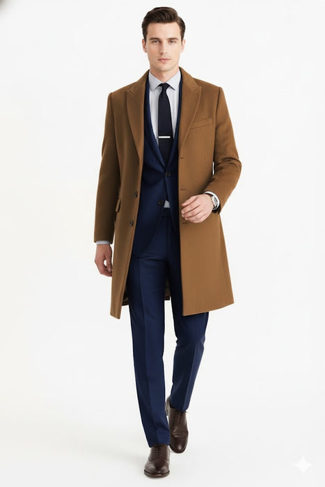 Men’s Camel Brown Wool Overcoat – Classic Long Dress Coat for Business and Casual Wear in Vecuna Color