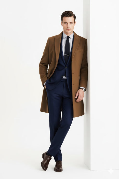 Men’s Camel Brown Wool Overcoat – Classic Long Dress Coat for Business and Casual Wear in Vecuna Color