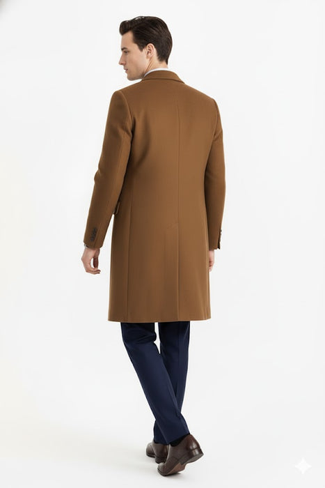 Men’s Camel Brown Wool Overcoat – Classic Long Dress Coat for Business and Casual Wear in Vecuna Color