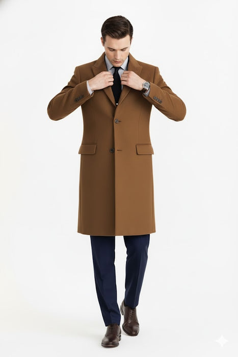 Men’s Camel Brown Wool Overcoat – Classic Long Dress Coat for Business and Casual Wear in Vecuna Color