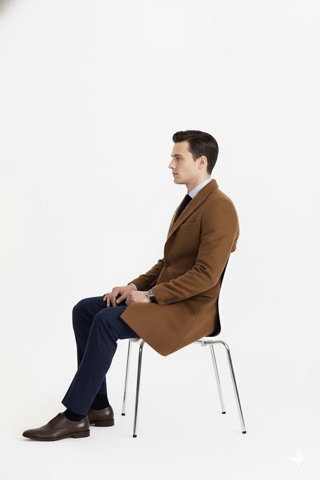 Men’s Camel Brown Wool Overcoat – Classic Long Dress Coat for Business and Casual Wear in Vecuna Color