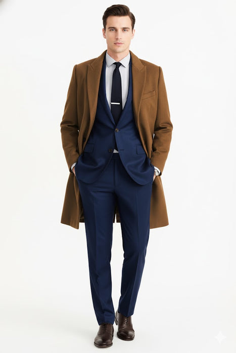 Men’s Camel Brown Wool Overcoat – Classic Long Dress Coat for Business and Casual Wear in Vecuna Color