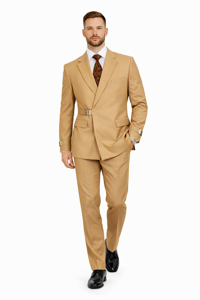 Men’s Camel Double Breasted Wool Suit with Metal Buckle Closure Modern Fit