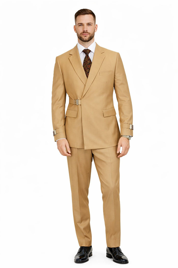 Men’s Camel Double Breasted Wool Suit with Metal Buckle Closure Modern Fit