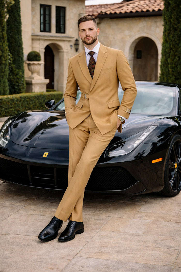 Men’s Camel Double Breasted Wool Suit with Metal Buckle Closure Modern Fit