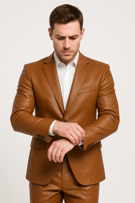Mens Caramel Slim Fit Faux Leather Suit – 1 Button Notch Lapel