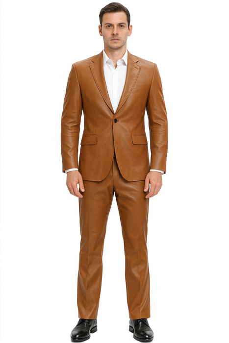 Mens Caramel Slim Fit Faux Leather Suit – 1 Button Notch Lapel