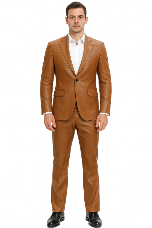 Mens Caramel Slim Fit Faux Leather Suit – 1 Button Notch Lapel