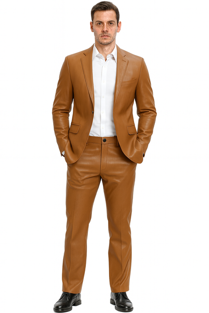 Mens Caramel Slim Fit Faux Leather Suit – 1 Button Notch Lapel - Image 6