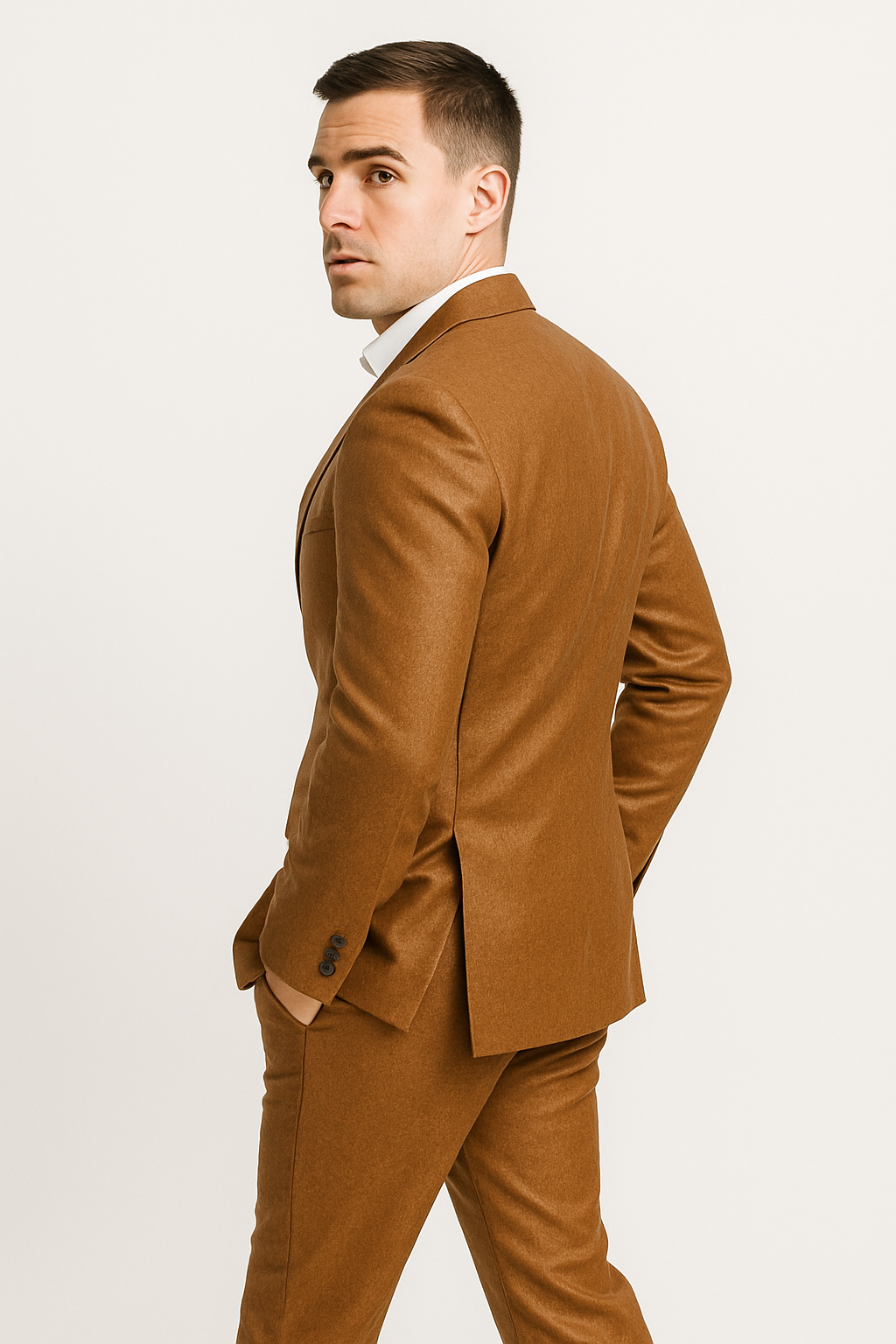 Mens Caramel Slim Fit Faux Leather Suit – 1 Button Notch Lapel - Image 12
