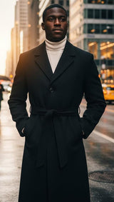 Men's Black Full Length Belted Overcoat Porter