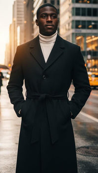 Men's Black Full Length Belted Overcoat Porter