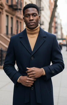 Men's Navy Full Length Belted Overcoat Porter