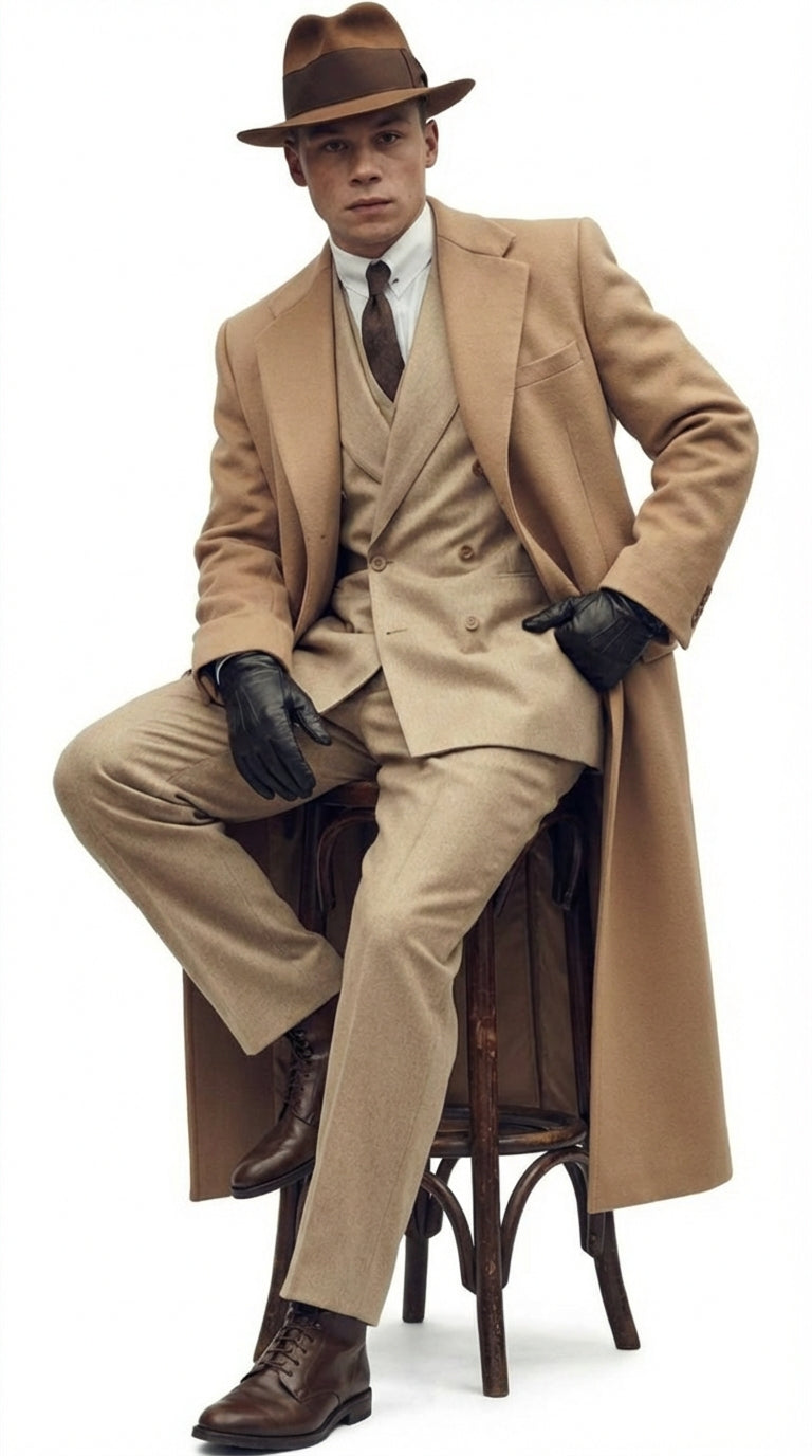Mens Cashmere and Wool Camel Beige Long Overcoat – Peaky Blinders Style Vintage Formal Coat + Suit + Hat Package