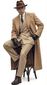 Mens Cashmere and Wool Camel Beige Long Overcoat – Peaky Blinders Style Vintage Formal Coat + Suit + Hat Package