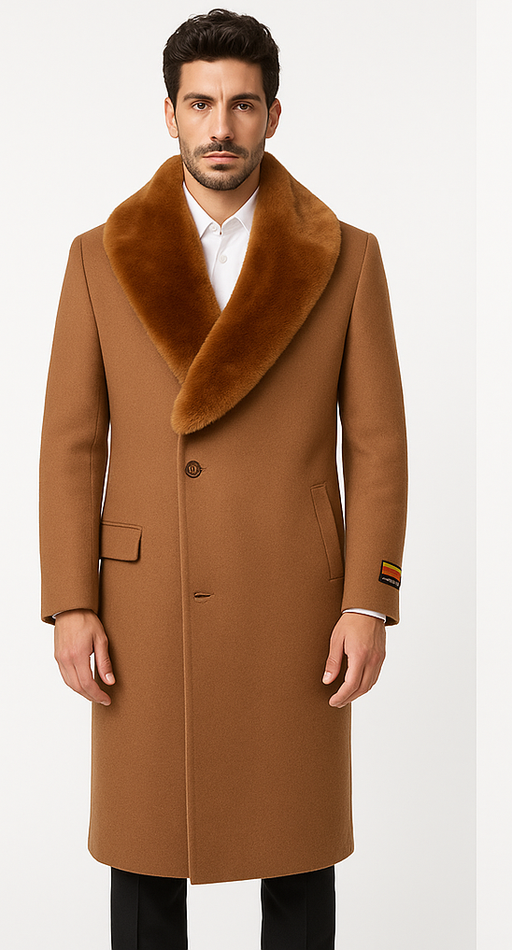 Mens Cashmere Blend Vicuna Light Brown - Dark Camel Coat Full length - Cashmere Overcoat