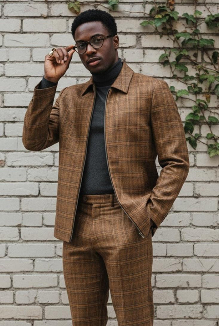 Mens Casual Leisure Suit Brown Plaid 6776  Modern Fit