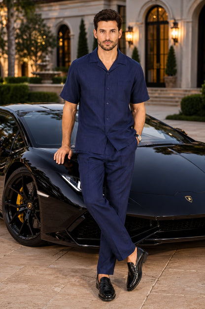 Men’s Dark Navy Linen Short Sleeve Walking Suit, Casual 2 Piece Shirt and Pleated Pants Set