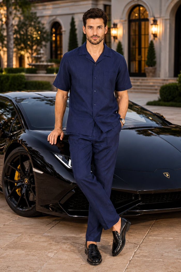 Men’s Dark Navy Linen Short Sleeve Walking Suit, Casual 2 Piece Shirt and Pleated Pants Set