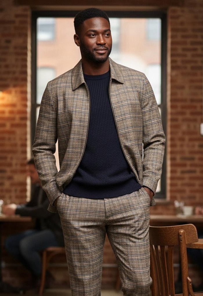 Mens Casual Suit Tan Plaid 6776  Modern Fit