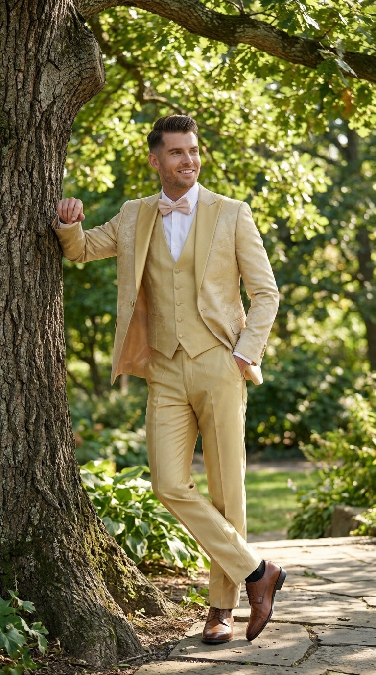 Vitali Mens Yellow Gold Designer Tuxedo Suit Set – Luxury Wedding Prom Formal Tuxedo with Vest Bow Tie in Champaign Color