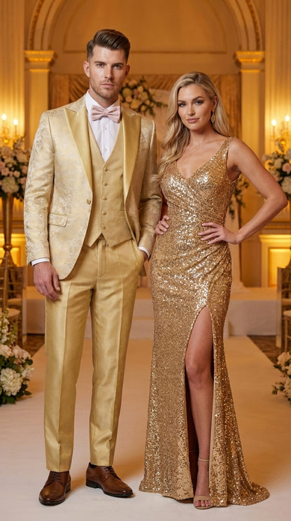 Vitali Mens Yellow Gold Designer Tuxedo Suit Set – Luxury Wedding Prom Formal Tuxedo with Vest Bow Tie in Champaign Color