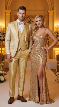 Vitali Mens Yellow Gold Designer Tuxedo Suit Set – Luxury Wedding Prom Formal Tuxedo with Vest Bow Tie in Champaign Color