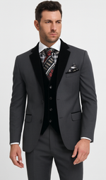 Men's Charcoal Gray 3-Piece Suit with Black Velvet Lapel – Formal Business and Wedding Attire - Gray Tuxedo