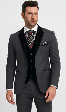 Men's Charcoal Gray 3-Piece Suit with Black Velvet Lapel – Formal Business and Wedding Attire - Gray Tuxedo