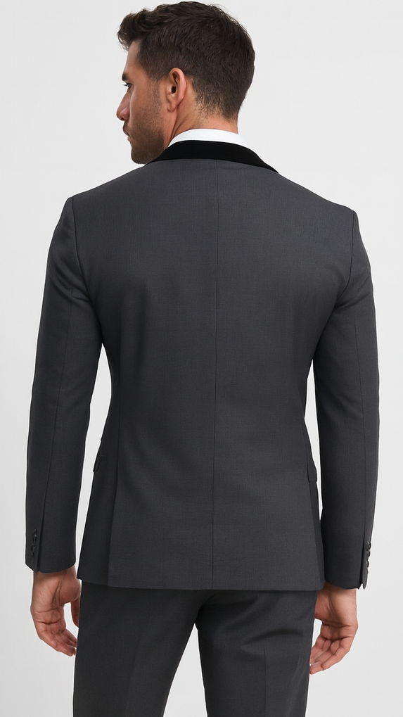 Men's Charcoal Gray 3-Piece Suit with Black Velvet Lapel – Formal Business and Wedding Attire - Gray Tuxedo - Image 2