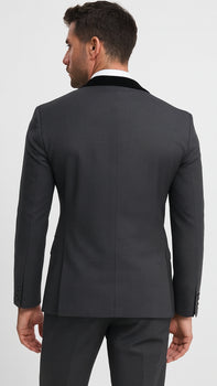 Men's Charcoal Gray 3-Piece Suit with Black Velvet Lapel – Formal Business and Wedding Attire - Gray Tuxedo - Image 2