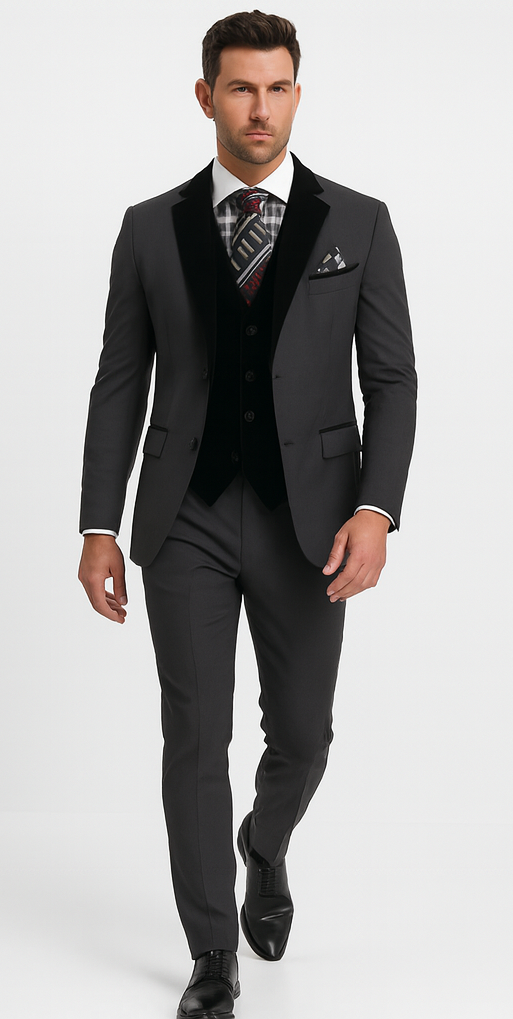 Men's Charcoal Gray 3-Piece Suit with Black Velvet Lapel – Formal Business and Wedding Attire - Gray Tuxedo - Image 3