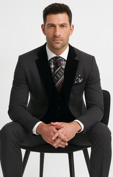 Men's Charcoal Gray 3-Piece Suit with Black Velvet Lapel – Formal Business and Wedding Attire - Gray Tuxedo - Image 4