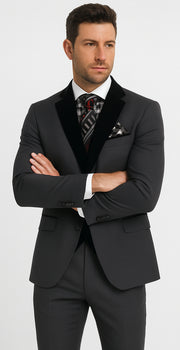 Men's Charcoal Gray 3-Piece Suit with Black Velvet Lapel – Formal Business and Wedding Attire - Gray Tuxedo - Image 5