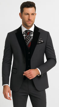 Men's Charcoal Gray 3-Piece Suit with Black Velvet Lapel – Formal Business and Wedding Attire - Gray Tuxedo - Image 6