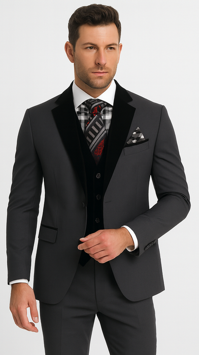 Men's Charcoal Gray 3-Piece Suit with Black Velvet Lapel – Formal Business and Wedding Attire - Gray Tuxedo