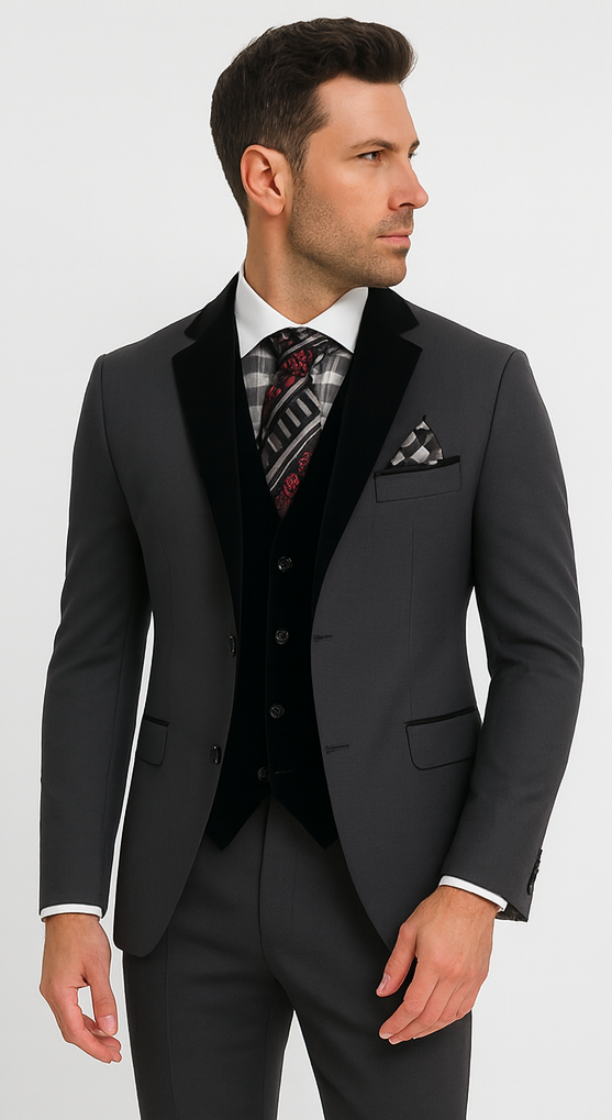 Men's Charcoal Gray 3-Piece Suit with Black Velvet Lapel – Formal Business and Wedding Attire - Gray Tuxedo - Image 7