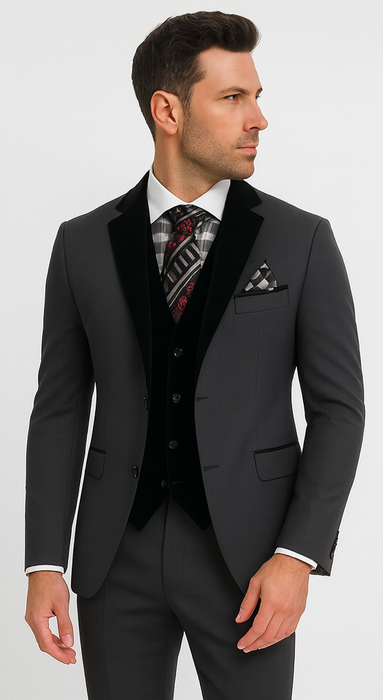 Men's Charcoal Gray 3-Piece Suit with Black Velvet Lapel – Formal Business and Wedding Attire - Gray Tuxedo