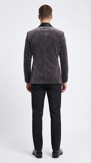 Mens Charcoal Gray Velvet Tuxedo Suit – Luxury Formal Wedding Suit with Black Shawl Lapel for Prom, Party Black Pants