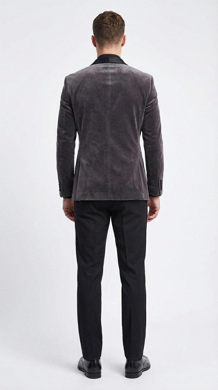 Mens Charcoal Gray Velvet Tuxedo Suit – Luxury Formal Wedding Suit with Black Shawl Lapel for Prom, Party Black Pants