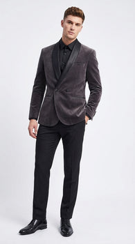 Mens Charcoal Gray Velvet Tuxedo Suit – Luxury Formal Wedding Suit with Black Shawl Lapel for Prom, Party Black Pants