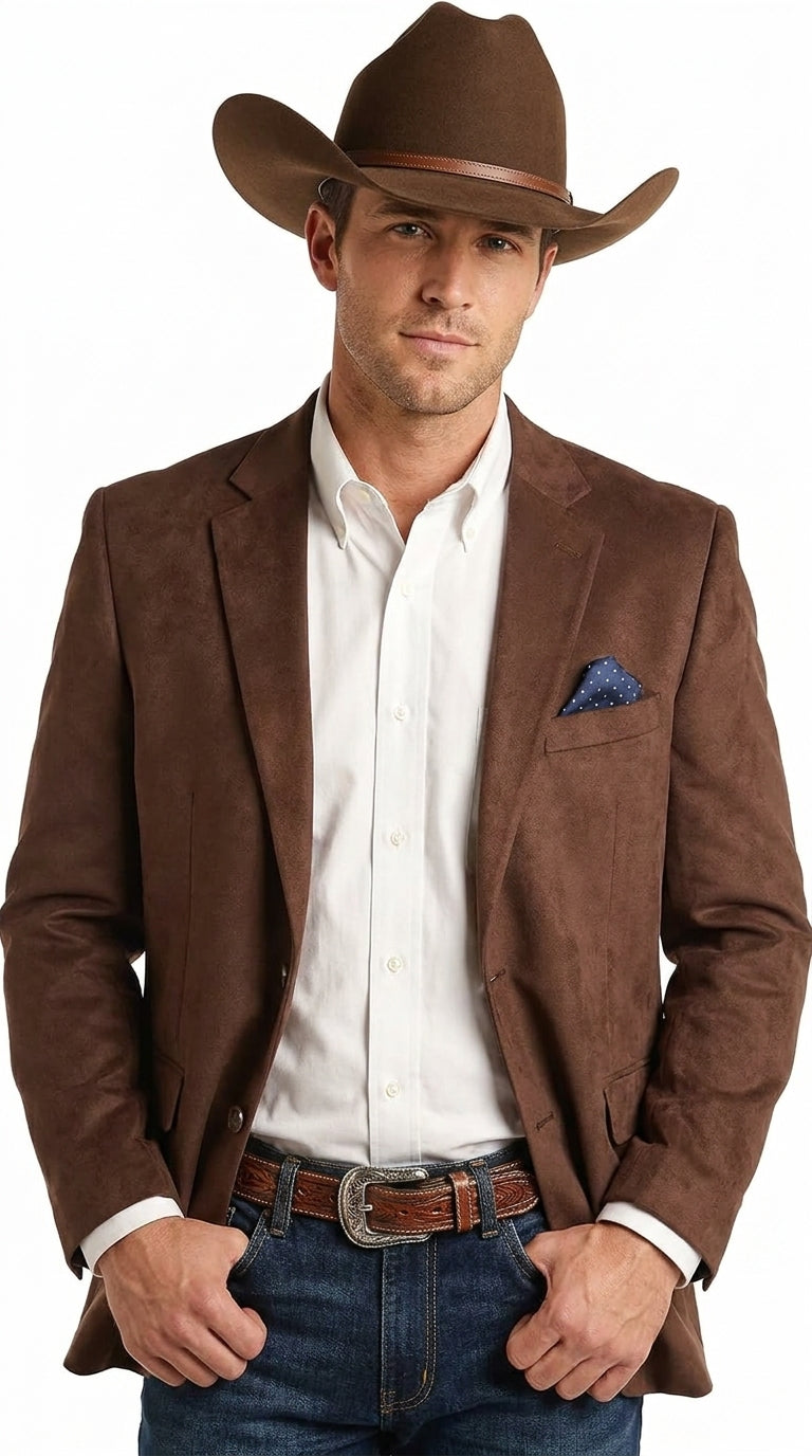Mens Chocolate Brown Western Blazer – Cowboy Style Sport Coat Jacket Suede Fabric Two Buttons