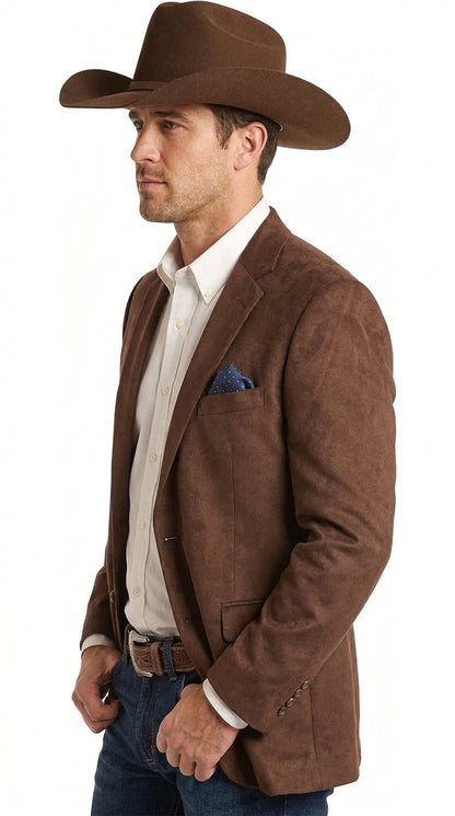 Mens Chocolate Brown Western Blazer – Cowboy Style Sport Coat Jacket Suede Fabric Two Buttons