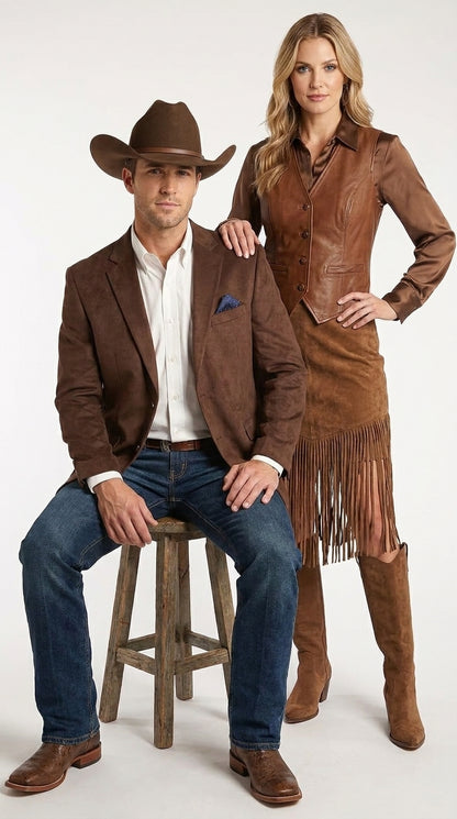 Mens Chocolate Brown Western Blazer – Cowboy Style Sport Coat Jacket Suede Fabric Two Buttons